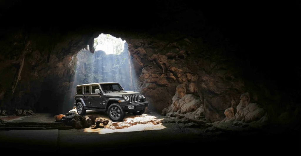 The Jeep Wrangler in a cave.