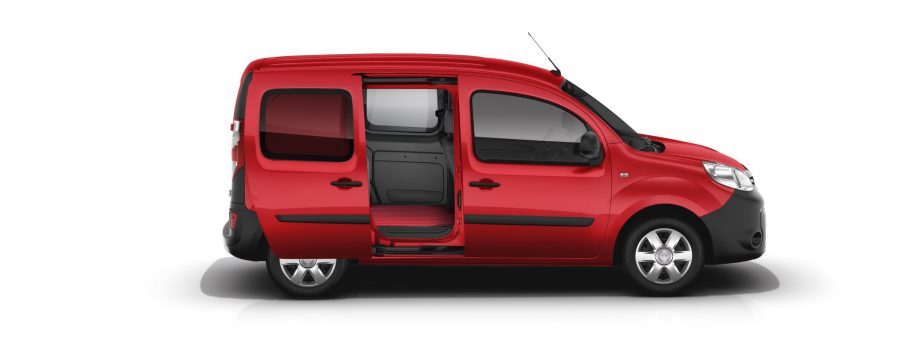 Nissan NV250 in red with the side door open.