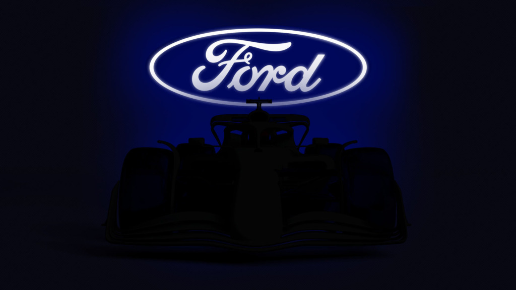 The shadow of a Formula 1 car with the Ford logo behind it.
